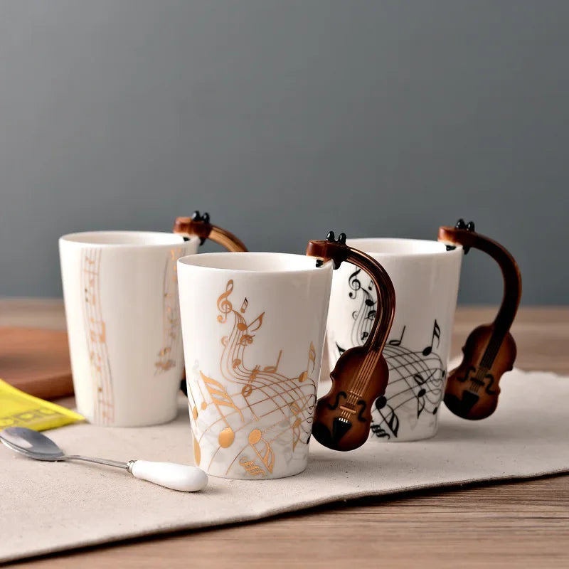 Bone China Mug With Music Note Motif And Delicate Guitar Handle — White | KIMLUD