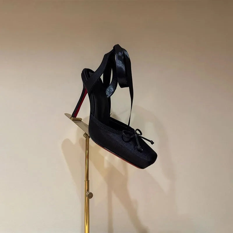 Silk Cross Strap Waterproof Platform Sandals High Heel — Black | KIMLUD