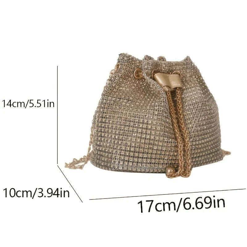 KIMLUD, Sparkling Rhinestone Embellished Drawstring Crossbody Bag, Multi-Functional Bucket Purse, Formal Handbag for Women Daily Commute, KIMLUD Womens Clothes