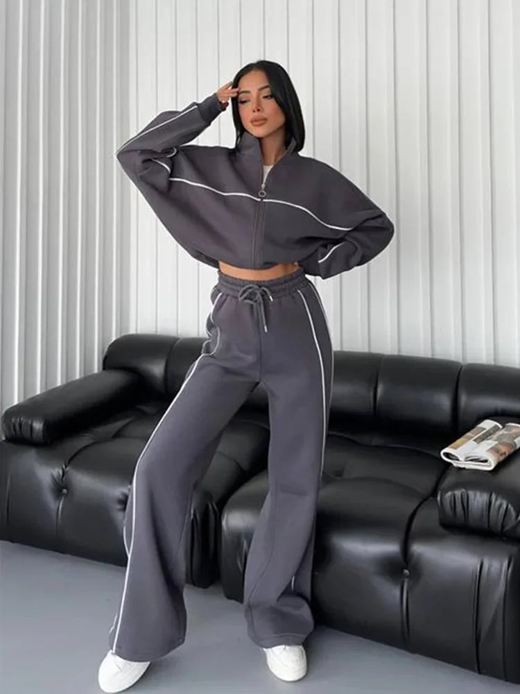 Polyester Two-Piece Set Zipper Coat With Wide-Leg Pants — Charcoal Gray | KIMLUD