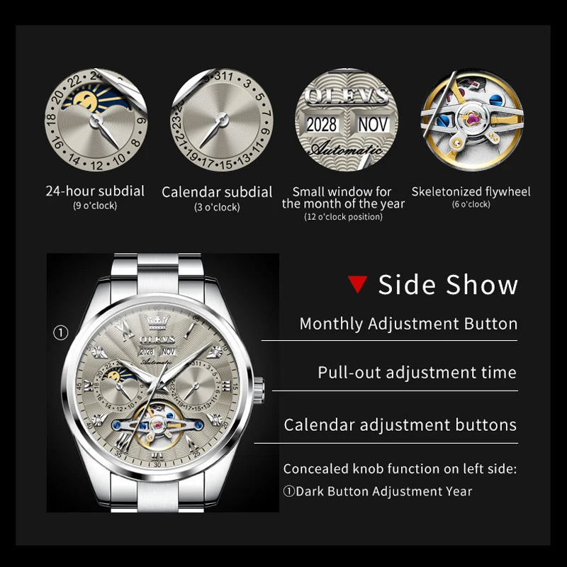 OLEVS Men's Watches Tourbillon Style Trend Fashion Original Automatic Mechanical Wristwatch Waterpoorf Luminous Moon Phase Clock