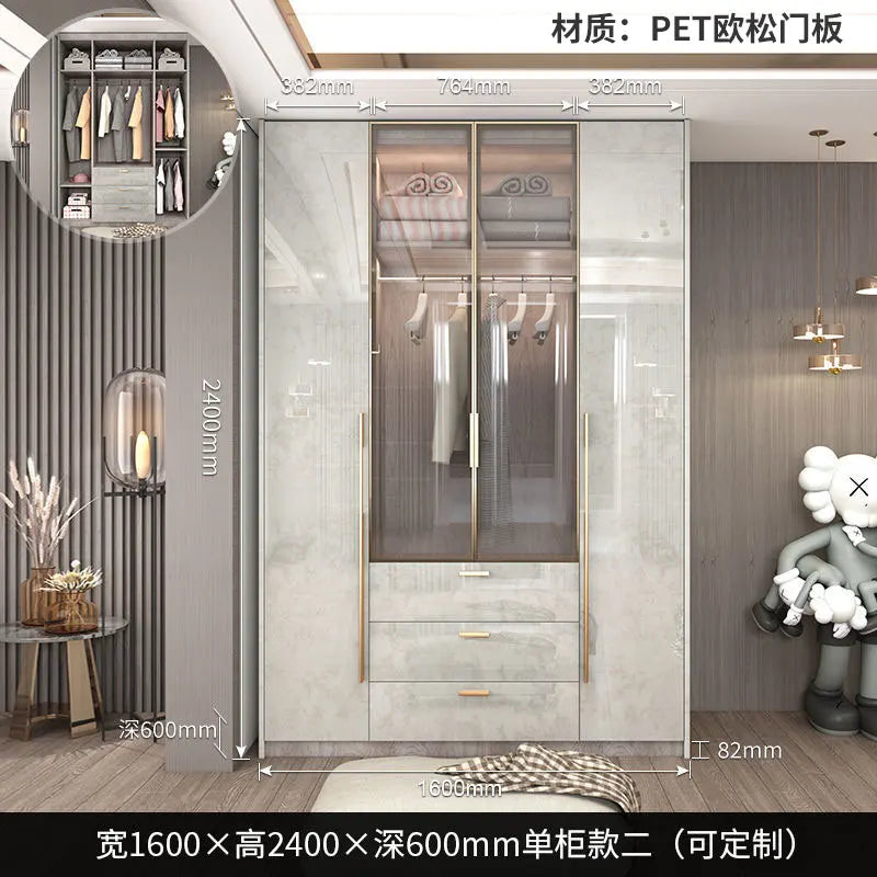 Glass Door Modern Wardrobe With Ample Storage And Brass Hardware — Pale Gray | KIMLUD