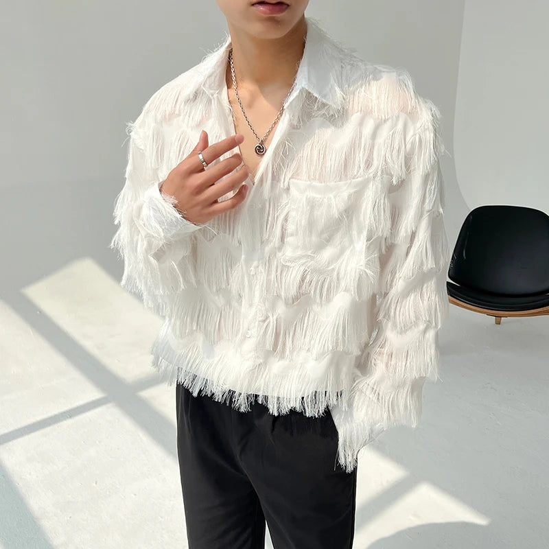 Tasseled Polyester Shirt Long Sleeve Fringe Draped — Black/White | KIMLUD