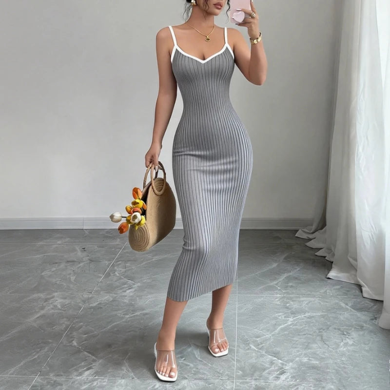 Knit Ribbed Midi Bodycon Dress For Summer — Pink | KIMLUD