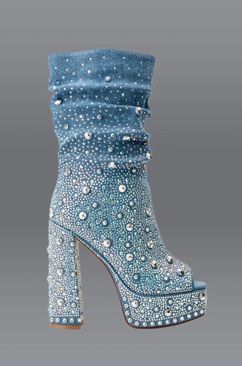 Mid-Calf Boots – Crystal Embellished Pointed Toe – High Heel | KIMLUD
