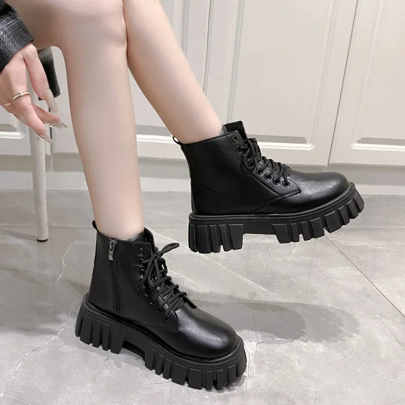 2024 White New Women Ankle Boots  Autumn Winter Platform Zipper Women Punk Boots Thick Sole Lace Up Combat Booties Female Mujer