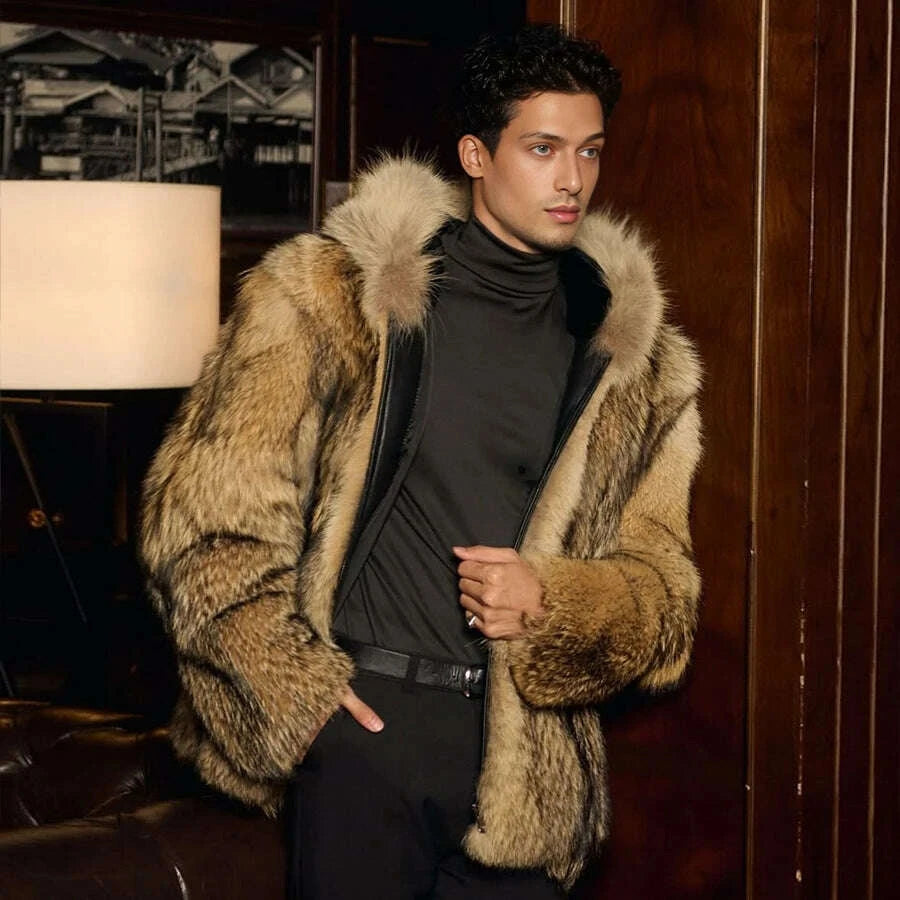 KIMLUD, Natural Wolf Fur Coats With Hood Real Full Skin Coyote Fur Coat Genuine Leather Jacket High Quality Winter Jacket For Men, KIMLUD Womens Clothes
