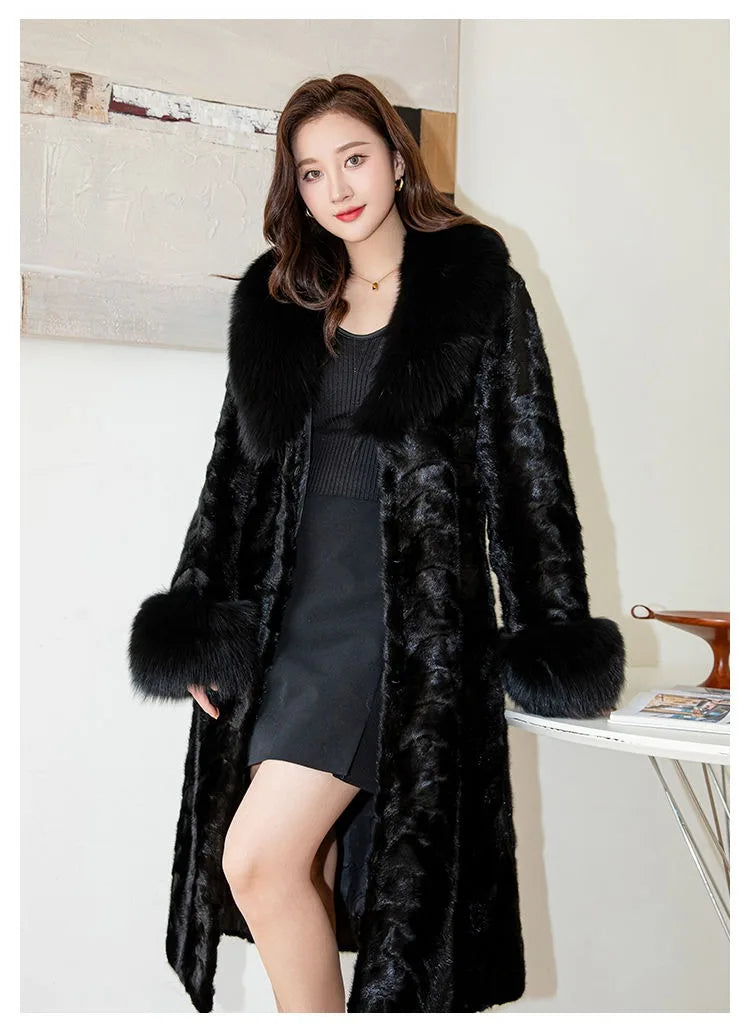 Women's Long Thickened Oversized Fox Fur Collar Warm Genuine Mink fur Coat Fashion New high quality Real Fur Coat