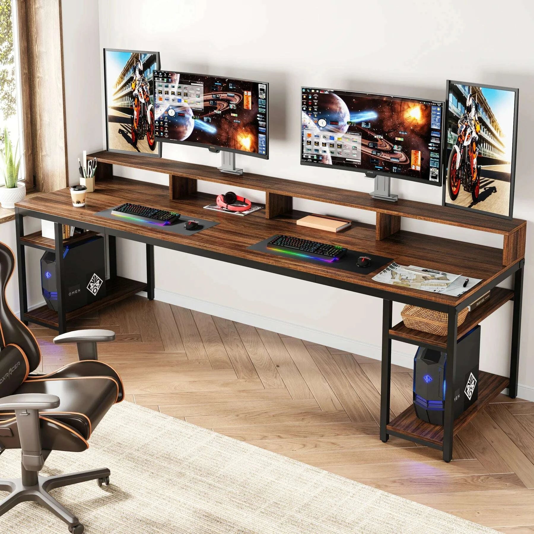 tribesigns-7874-inches-extra-long-two-person-desk-double-computer-desk-with-monitor-stand-and-storage-shelves-work-tablekimludkimlud-35570983