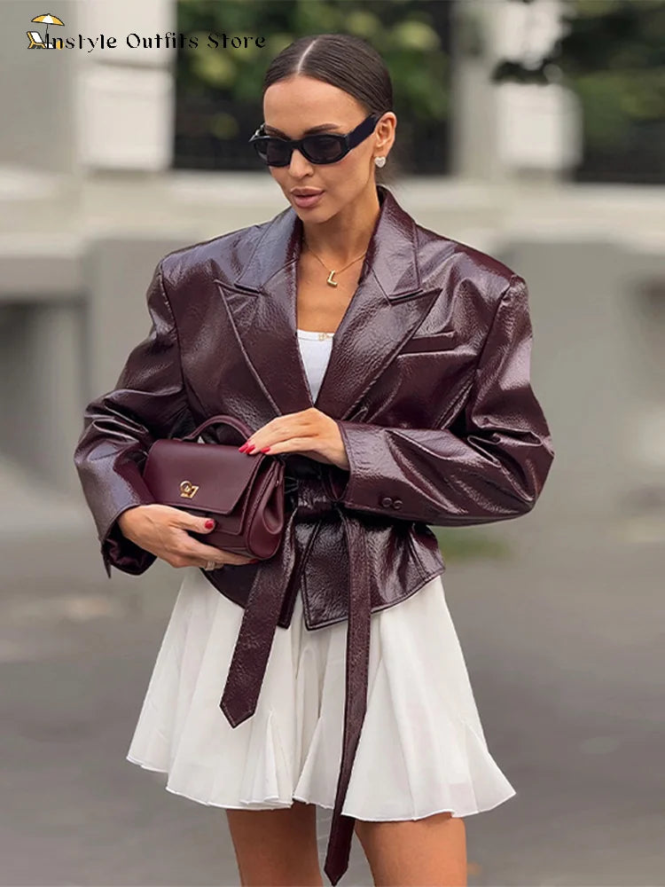 Vintage Pu Leather Belted Jackets Women's Slim Full Sleeve Lapel Short Overcoat 2025 New Autumn Winter Ladies Solid Streetwear