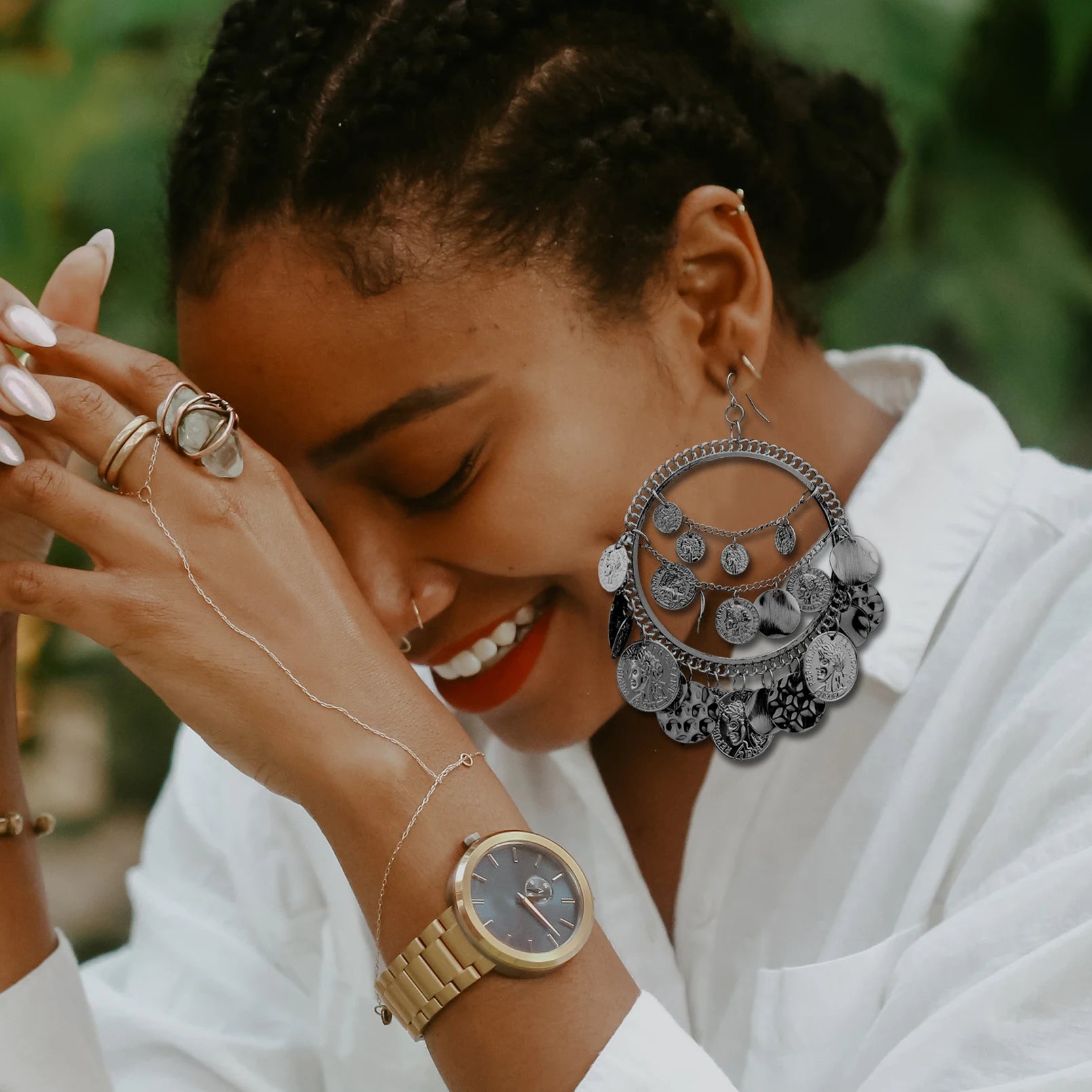 Metal Tribal Coins Hoop Earrings — Silver | KIMLUD