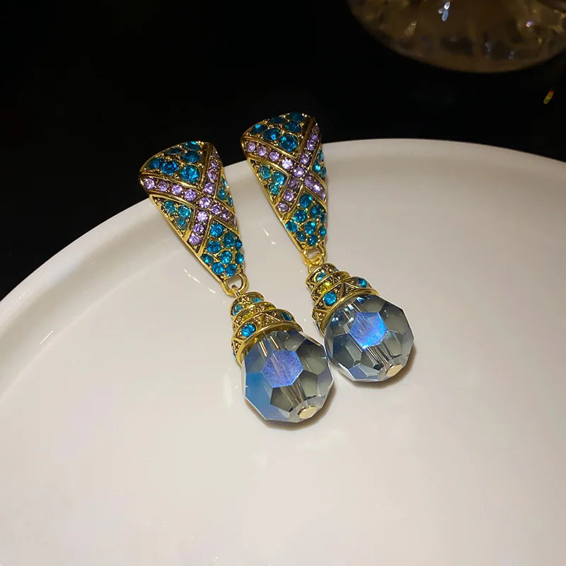 Crystal Water Drop Clip Earrings Round Rhinestones — Vintage Blue | KIMLUD
