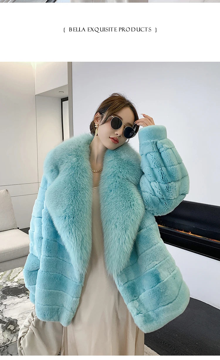Winter Women Real Rex Rabbit Fur Coat 100% Natural Fur Jacket with Large Silver Fox Fur Collar Luxury Streetwear