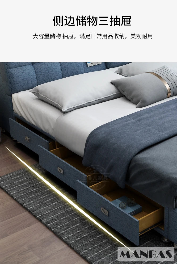 Genuine Leather Bed Frame Smart Multifunctional Tech — Ivory | KIMLUD