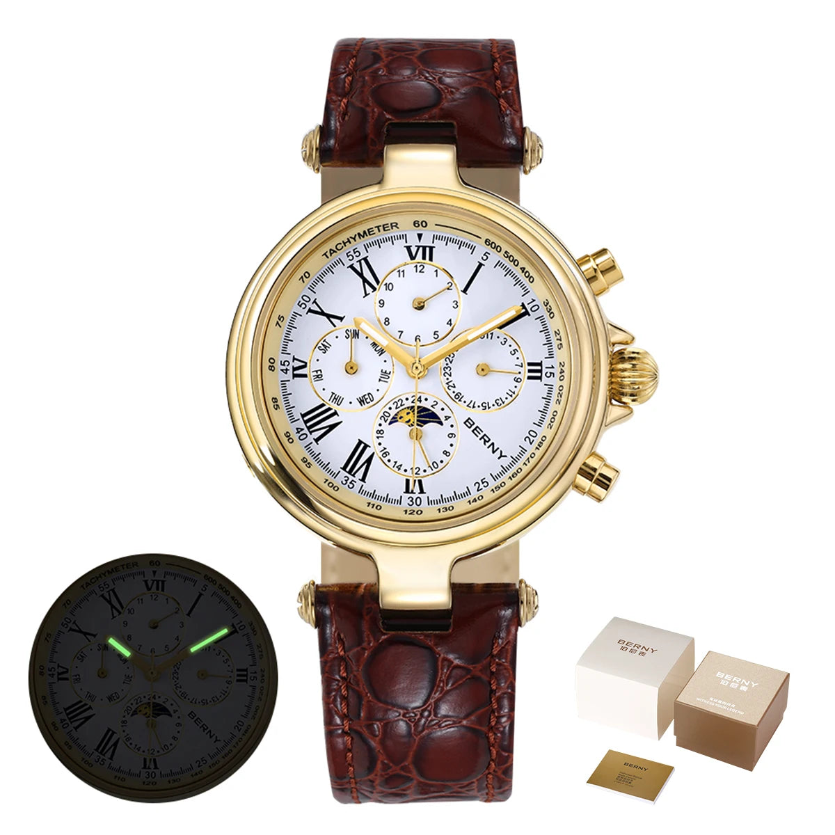 Genuine Leather Retro Automatic Watch — Black | KIMLUD