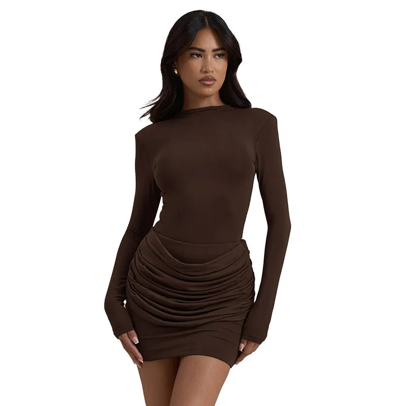 Polyester Pleated Stretch Long Sleeve Dress Gathered Hip Silhouette — Jet Black | KIMLUD