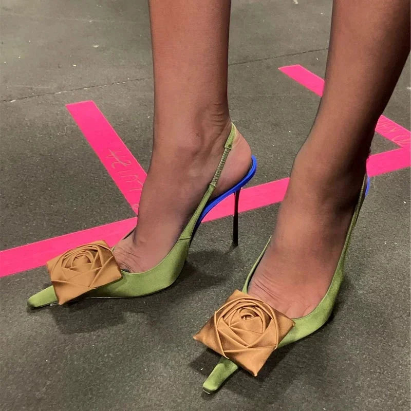 Gold Satin Sandals Pointed Toe With Delicate Flower Decoration For Evening — Gold | KIMLUD