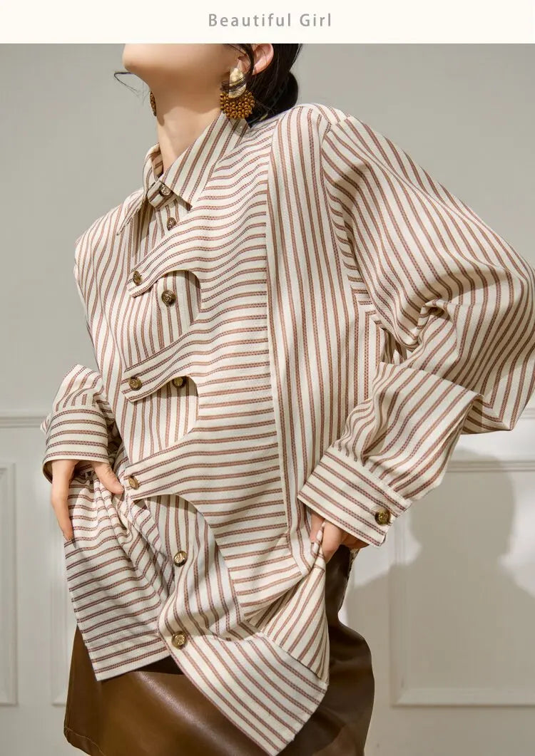 Lapel Blouse Cotton Blend — Brown Striped | KIMLUD