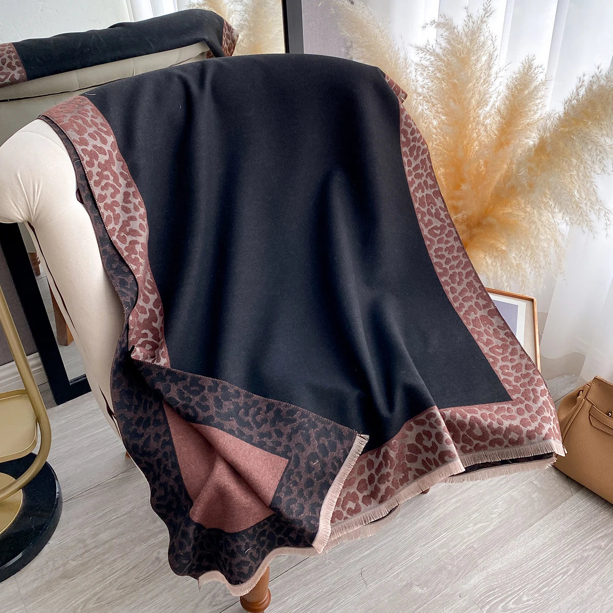 Cashmere Scarf Plaid Leopard Print Edge With Soft Knit For Winter Wrap — Blush Pink | KIMLUD
