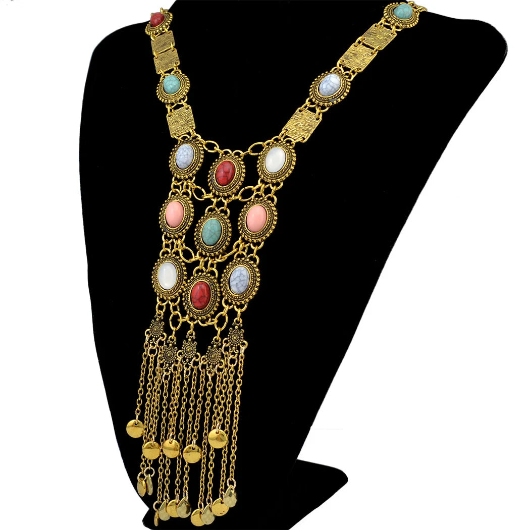 Pendant Necklace – Multi Layer Tassel Bell Turquoise Gemstone – Zinc Alloy | KIMLUD