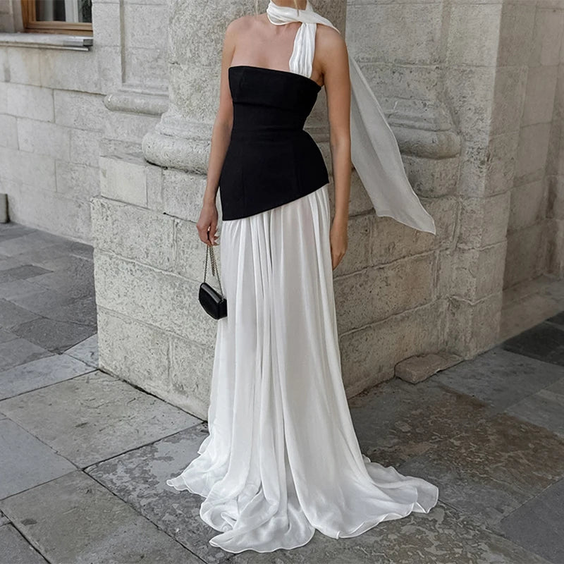 Elegant Color Blocking Ribbon Long Dress Fashion Off Shoulder High Waist Slim Patchwork Ruff Maxi Robes Lady Evening Party Dress