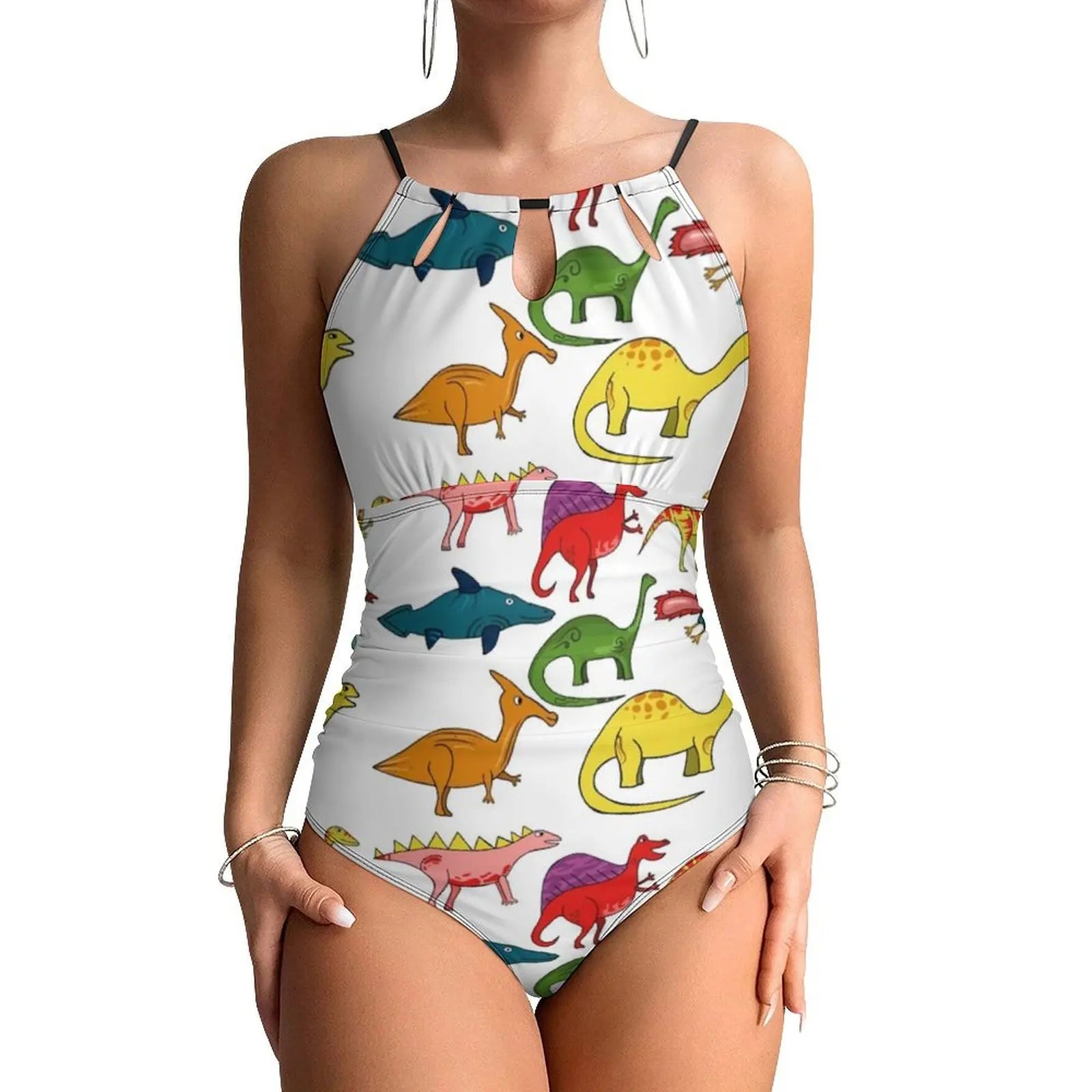 Halter One-Piece Swimsuit With Botanical Dinosaurs Print — Pastel Green | KIMLUD