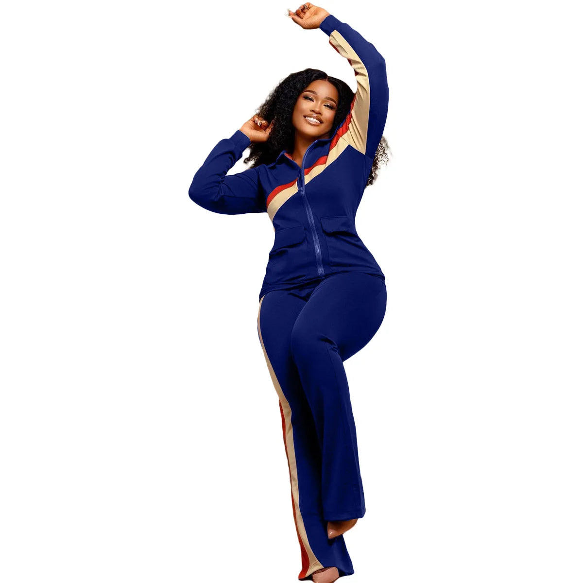 Custom LOGO Spring  Women's Sports Casual Fashion Color-matching Pocket Lapel Zipper Top Straight Pants Two-piece Set S-4XL