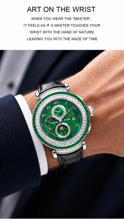 Men's Dress Watch – Moon Phase Date – Leather Strap – Green | KIMLUD