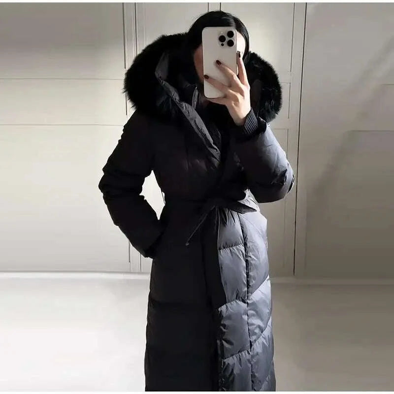 Warm Women's Puffy Quilted Hooded Long Cotton Coat Loose Solid Stand Collar Lace Up Zipper Overcoats 2025 Winter Lady Outwear