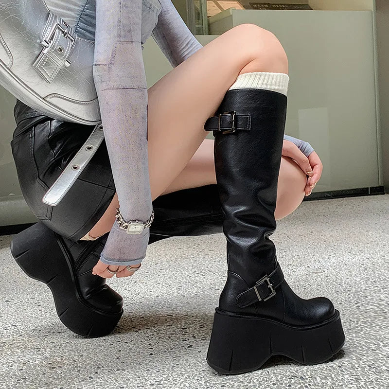 2024 Women's Shoes Basic Women's Boots Classics Knee-High Boots Women Belt Buckle Side Zip Round Toe Wedge Platform Shoes Ladies