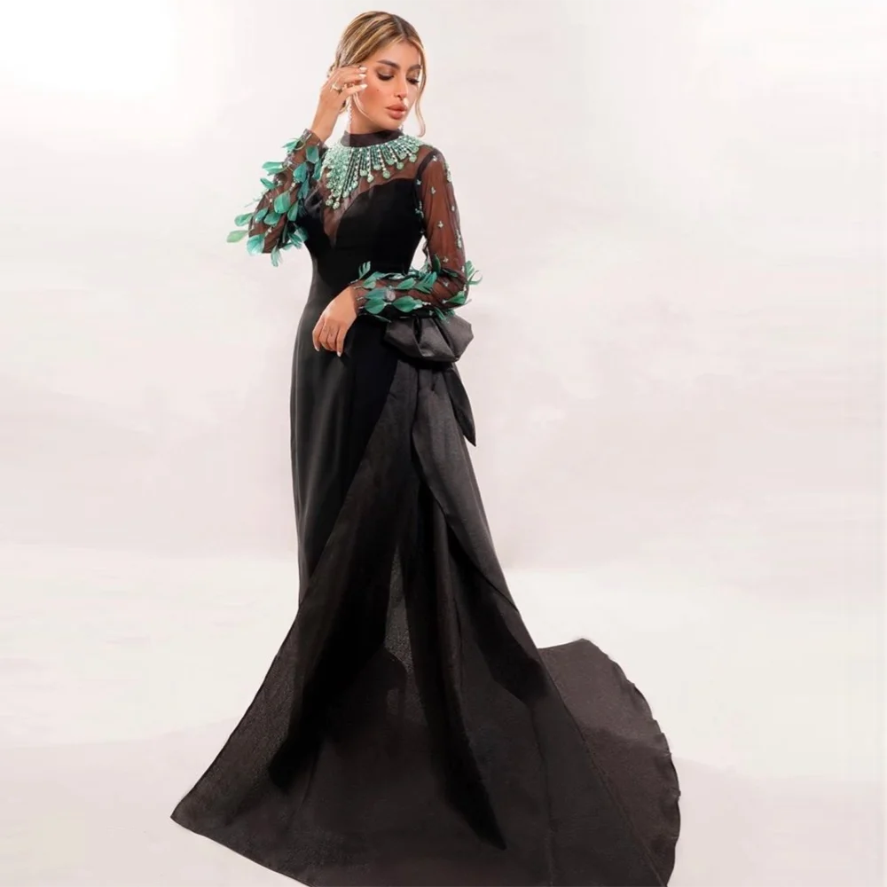 Sharon Said Elegant Black Mermaid Evening Dress Dubai Luxury Emerald Green Beads Feathers Women Wedding Dresses Party Gowns, KIMLUD, by KIMLUD Women's Clothes