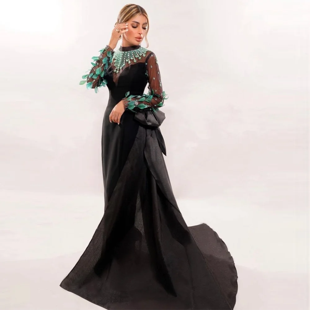 KIMLUD, Sharon Said Elegant Black Mermaid Evening Dress Dubai Luxury Emerald Green Beads Feathers Women Wedding Dresses Party Gowns, KIMLUD Womens Clothes
