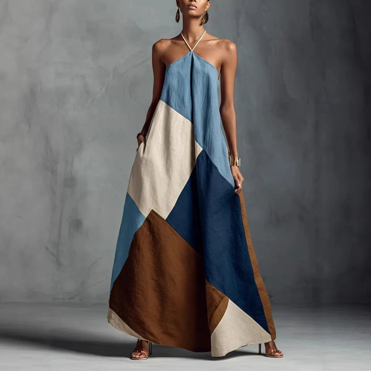 Dress – Cross Color Print – Polyester Elastane – Loose Ankle Length | KIMLUD