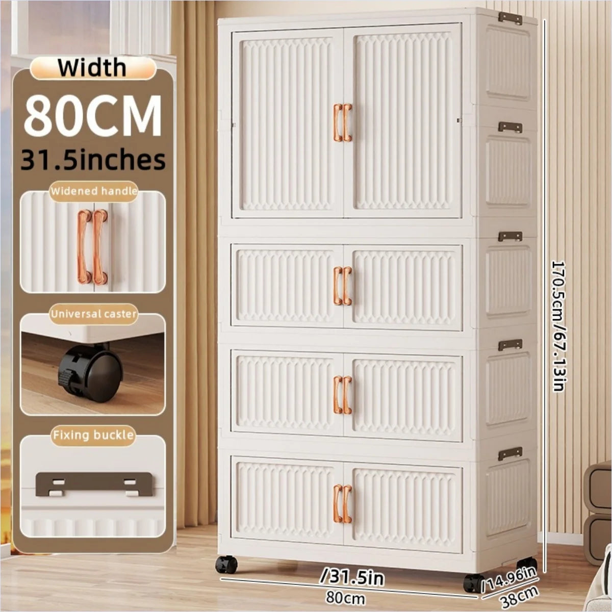 80cm no-installation folding storage cabinet, bedroom children's wardrobe, multi-layer storage box with wheels