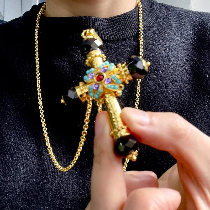 Crystal Cross Sweater Chain Necklace — Turquoise | KIMLUD