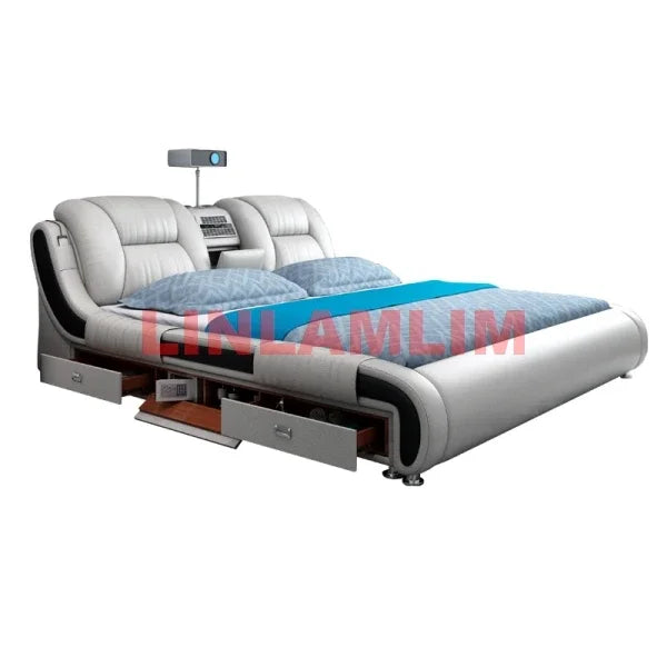 Genuine Leather Bed Frame With Built In Storage And Bluetooth — White | KIMLUD