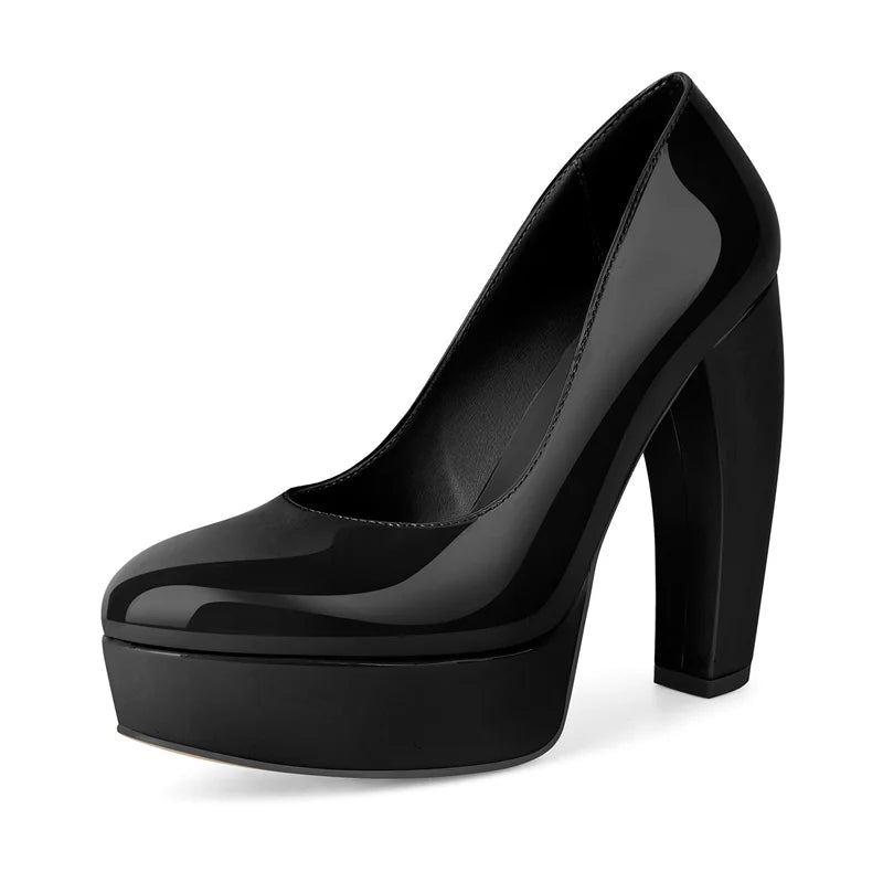 Pumps - Platform Patent Leather Chunky Heel - Round Toe | KIMLUD