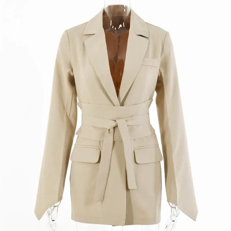 Cotton Lace Up Long Coat With Lapel Neck And Shoulder Pads — Beige | KIMLUD
