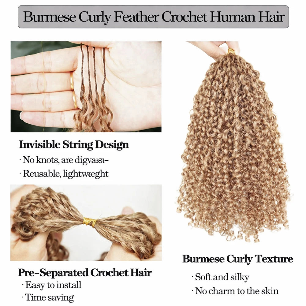Kinky Curly Feather Crochet Hair Extensions Human Hair — Honey Blonde | KIMLUD