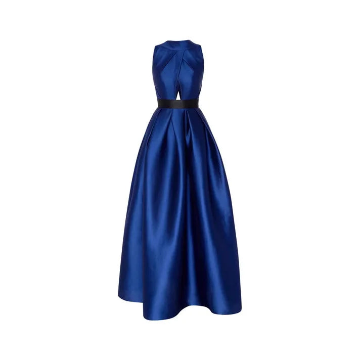 Satin Halter Draped Evening Dress — Dark Blue | KIMLUD
