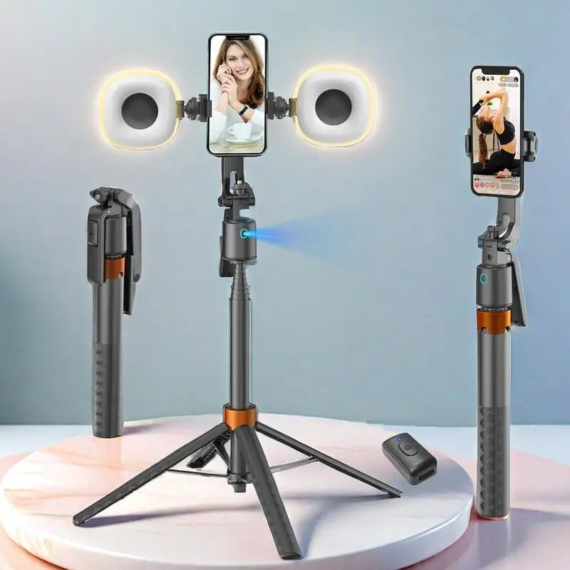 360-Rotatable Selfie Stick Tripod, Rechargeable Smart Face Tracking Tripod with 2 Fill Light, Phone Holder for  Live Streaming