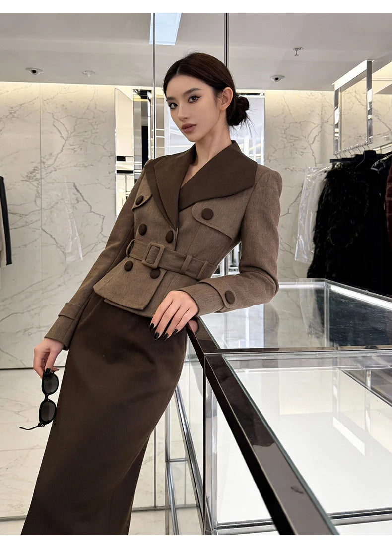 Midi Dress - High Waist Slim Pencil - Polyester - Brown | KIMLUD