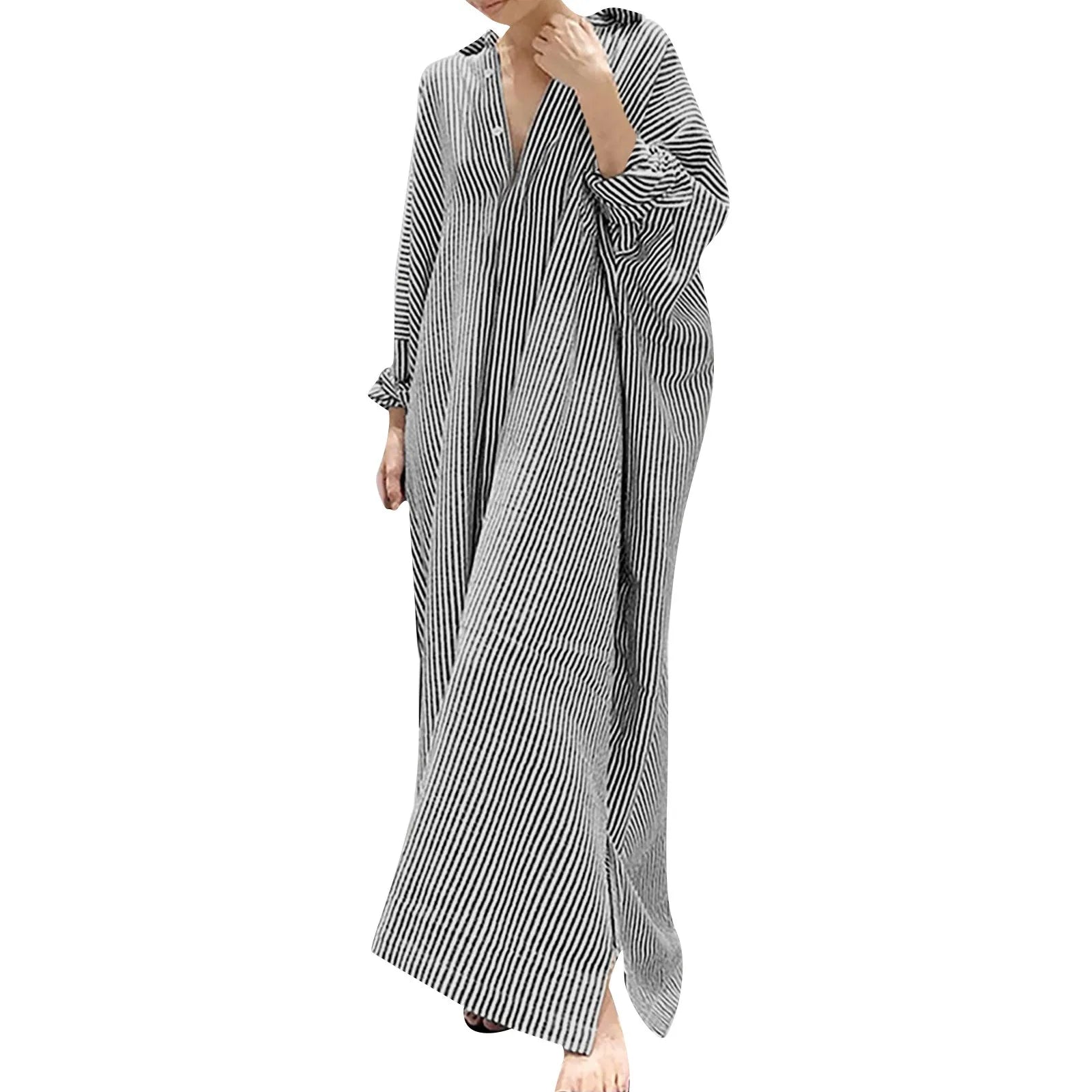 Cotton Maxi Dress Striped — Red and White | KIMLUD