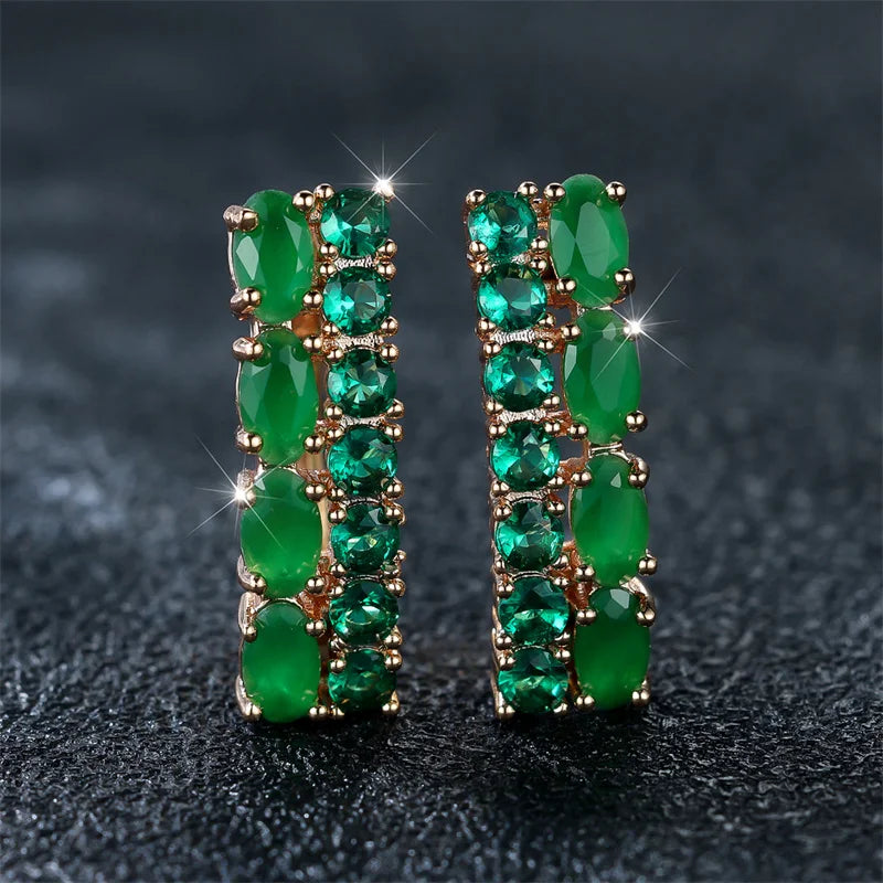 Geometric Clip Earrings Gold Color Oval Round — Green | KIMLUD