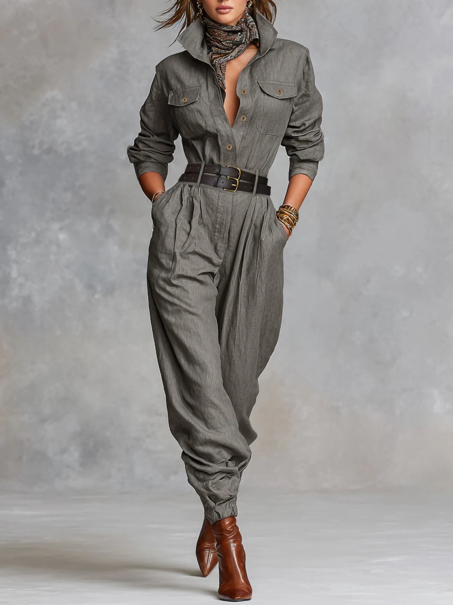 Women's Casual Utility Jumpsuit with Double Belt - Lapel Collar Button Down Long Sleeve Harem Pants One Piece Outfit