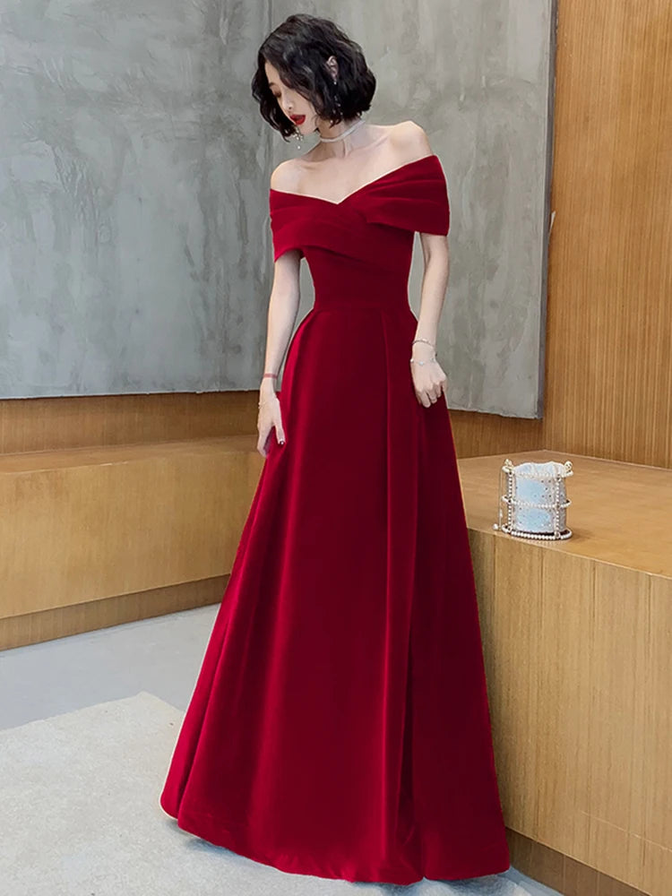 Velvet Maxi Dress – Off Shoulder – Maxi – Wine Red | KIMLUD