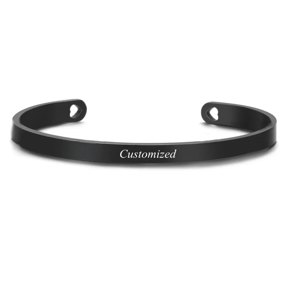Stainless Steel Engraved Name Text Heart Cuff — Silver | KIMLUD