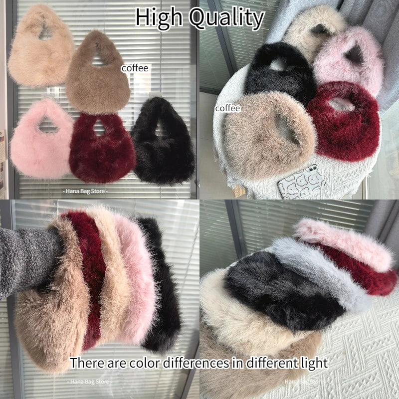 Solid Color Faux Fur Bag for Women Winter Soft Plush Handbags Ladies Small Elegant Tote Bags Fashion Trend Female Furry Purse