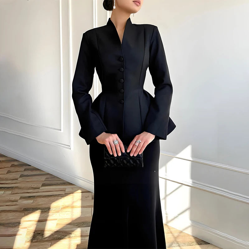 Solid Stand Collar Women Blazer Set Hip Package Slim Lady Long Skirts Sets 2025 Elegant Office Single-breasted Female Coat Suit