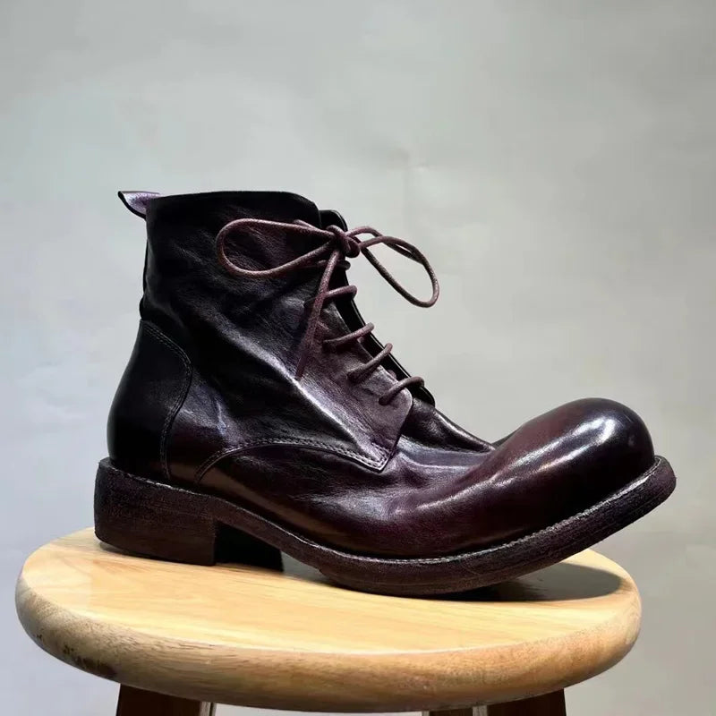 Washed Men's High Top Retro Leather Thick Soled High Rise Short Leather Boots GoodyearHorse Leather Shoes Worn